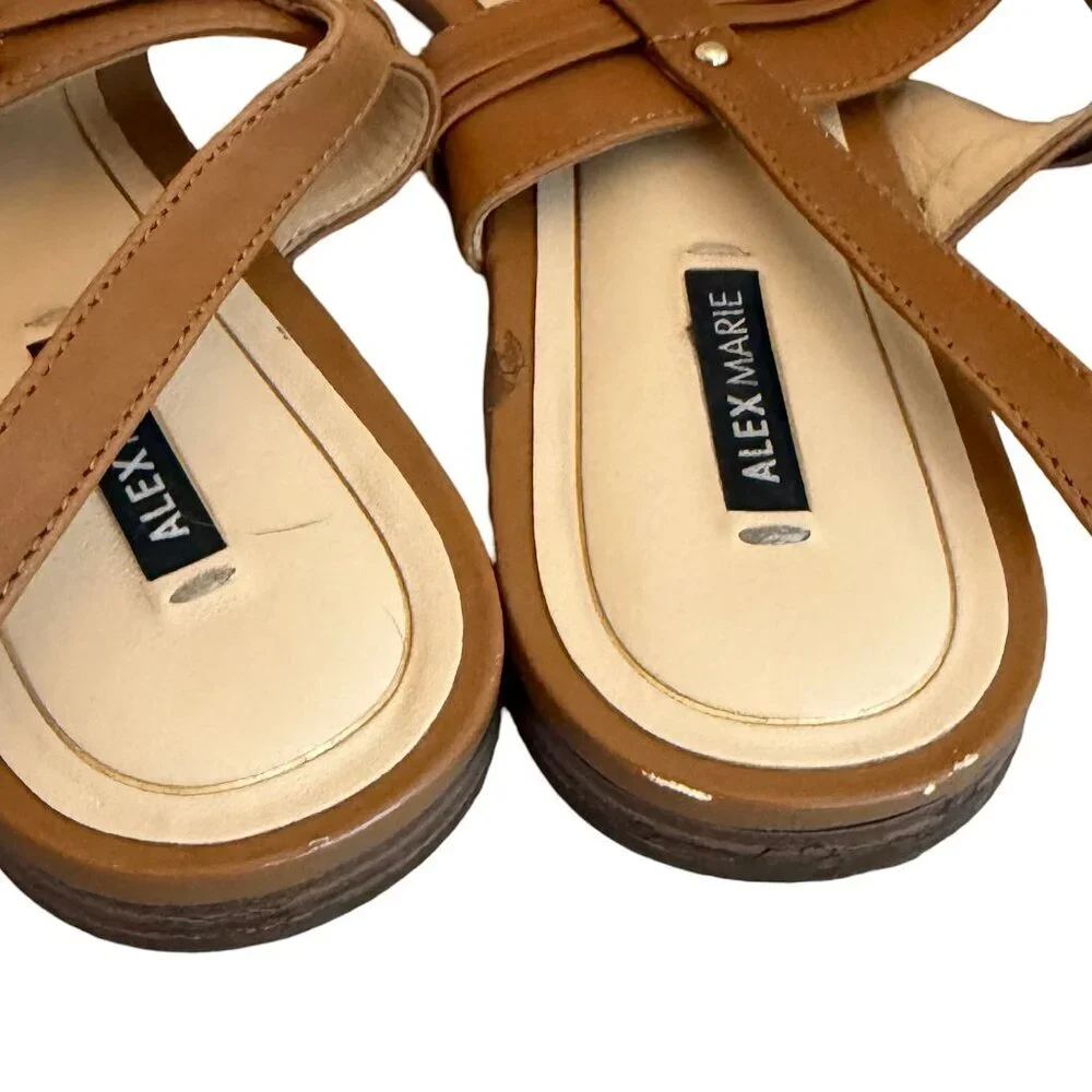 Alex Marie Tan Brown Flat Leather Sandals Buckle Comfort Classic Size 9 Women's